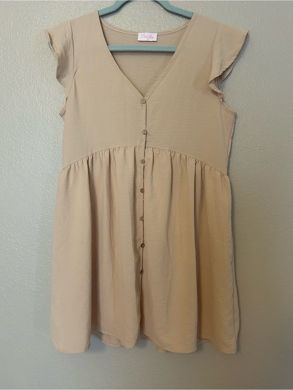 Pink Lily Beige Flutter Sleeve V-Neck Button Down Babydoll Dress Size S